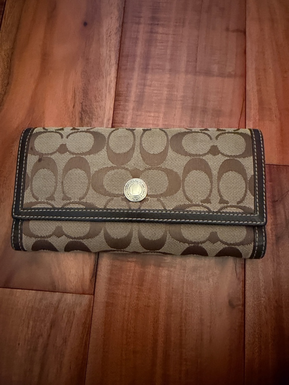 Coach Brown Signature Canvas Trifold Wallet with Leather Trim